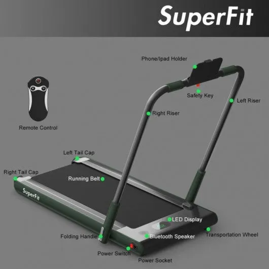 2-in-1 Folding Treadmill with RC Bluetooth Speaker LED Display-Green