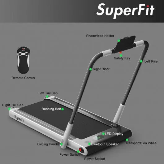 2-in-1 Folding Treadmill with RC Bluetooth Speaker LED Display-Silver