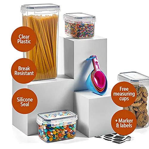 24 Pack Airtight Food Storage Container Set - BPA Free Clear Plastic Kitchen and Pantry Organization Canisters with Durable Lids for Cereal, Dry Food Flour & Sugar - Labels, Marker & Spoon Set