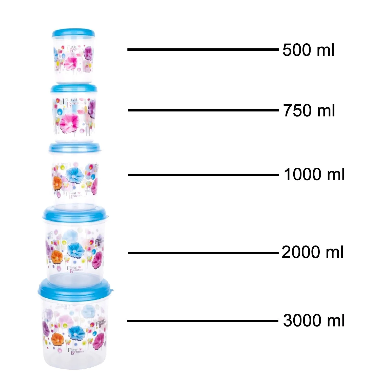 2446 Plastic Transparent Container Air Tight Dabba Set (3000ml, 2000ml, 1000ml, 750ml, 500ml)