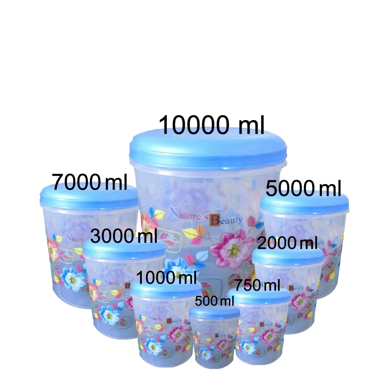 2448 Air Tight Plastic Transparent Container Set (10000ml, 7000ml, 5000ml, 3000ml, 2000ml, 1000ml, 750ml, 500ml)