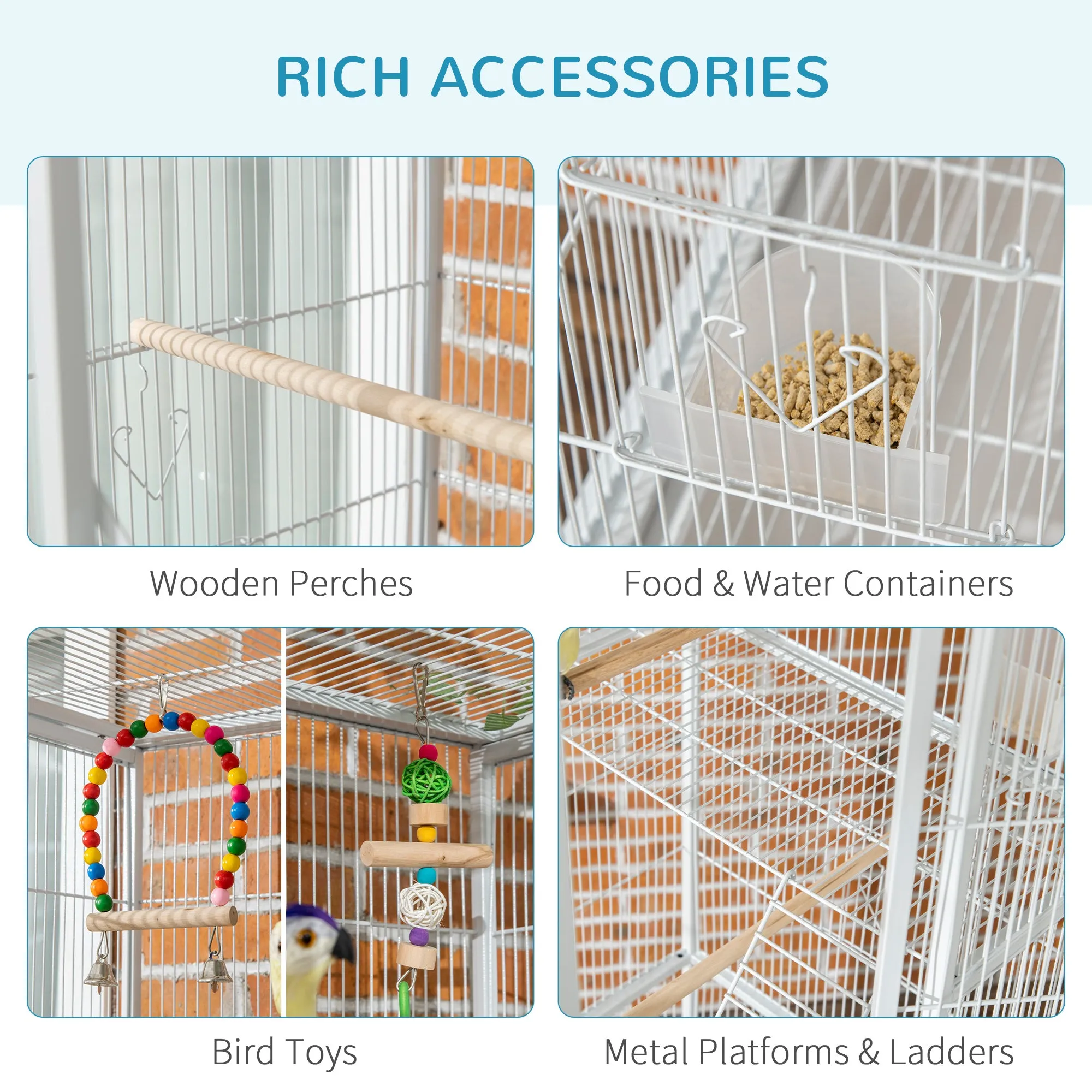 3 Tier Bird Cage with Stand, Wheels, Toys, Ladders, for Canaries, Finches, Cockatiels, Parakeets, Budgie Cage with Accessories, Storage Shelf - White