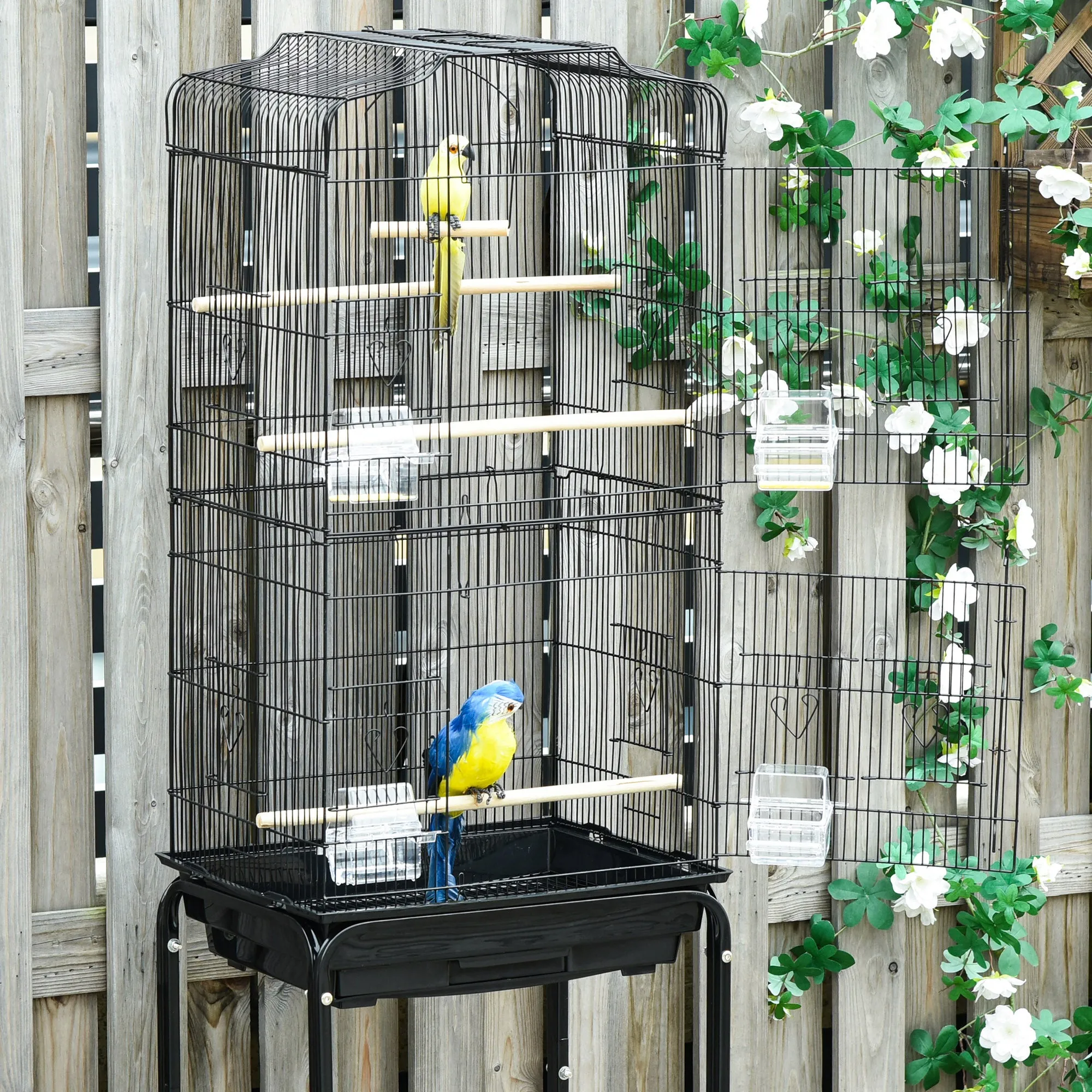 Bird Cage Budgie Cages for Finch Canary Parakeet with Stand Wheels Slide-out Tray Accessories Storage Shelf, Black 36 x 46.5 x 157 cm