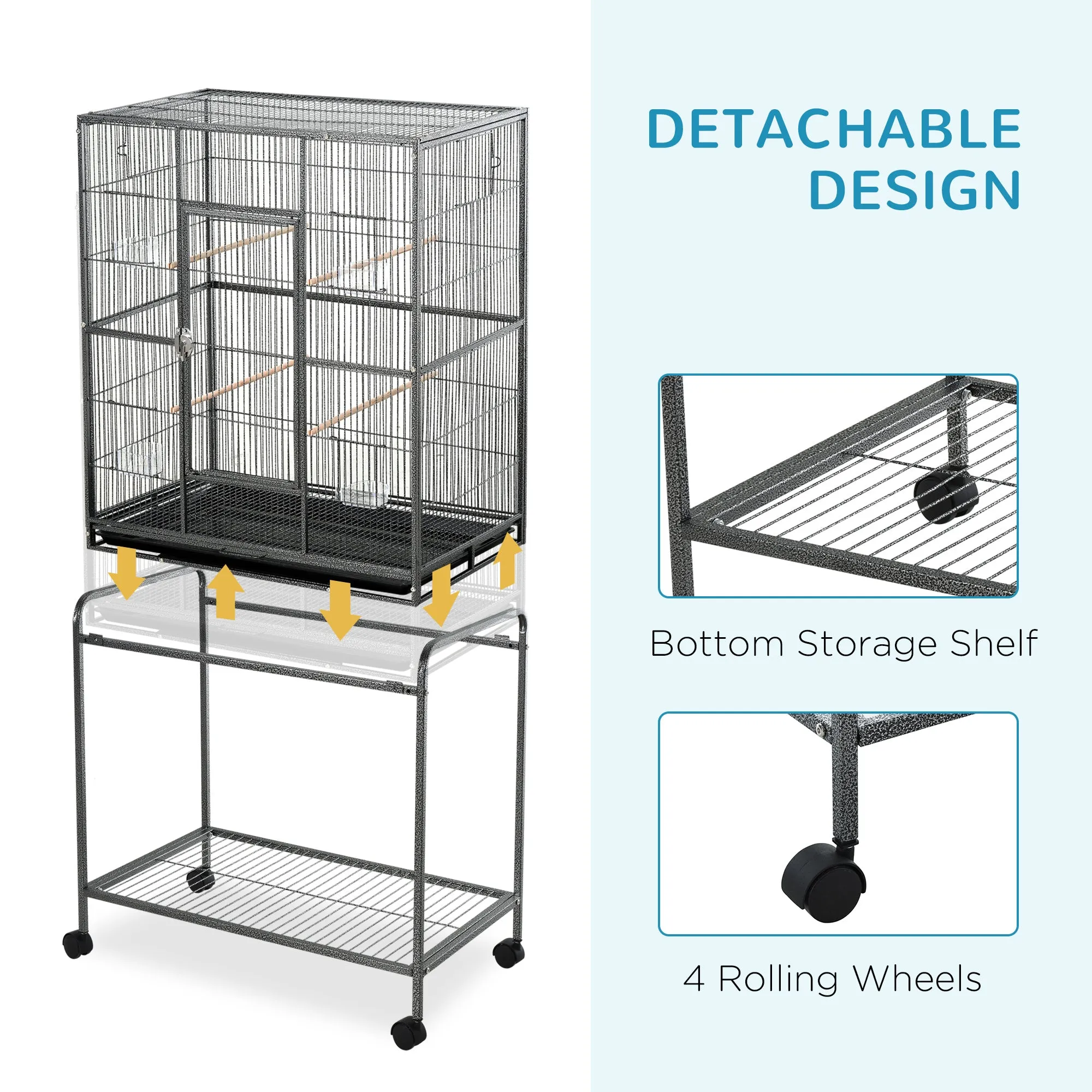 Bird Cage Metal Canary Cages for Parakeet with Detachable Rolling Stand, Storage Shelf, Wood Perch, Food Container