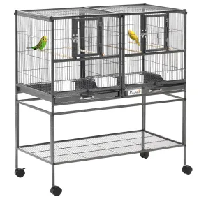 Double Rolling Metal Bird Cage Parrot Cage with Removable Metal Tray, Storage Shelf, Wood Perch, and Food Container