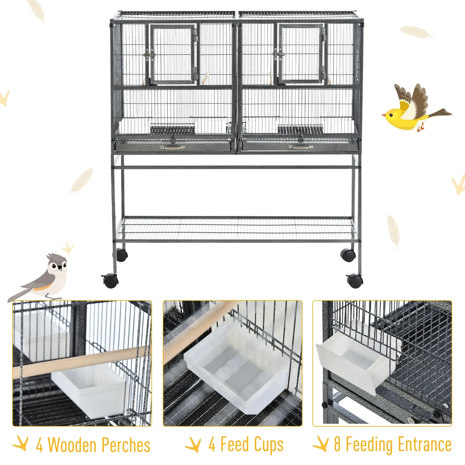 Double Rolling Metal Bird Cage Parrot Cage with Removable Metal Tray, Storage Shelf, Wood Perch, and Food Container