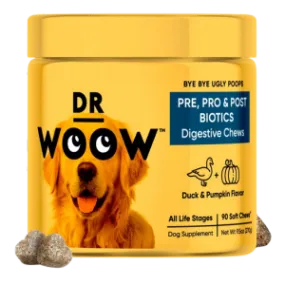 DR WOOW Duck & Pumpkin Flavor Pre, Pro & Post Biotics Soft Chew Digestive Supplement for Dogs, 90 Count