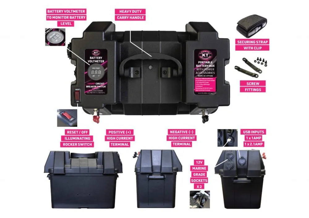 KT Cables Portable Camping Battery Box with Voltmeter & Power Accessories