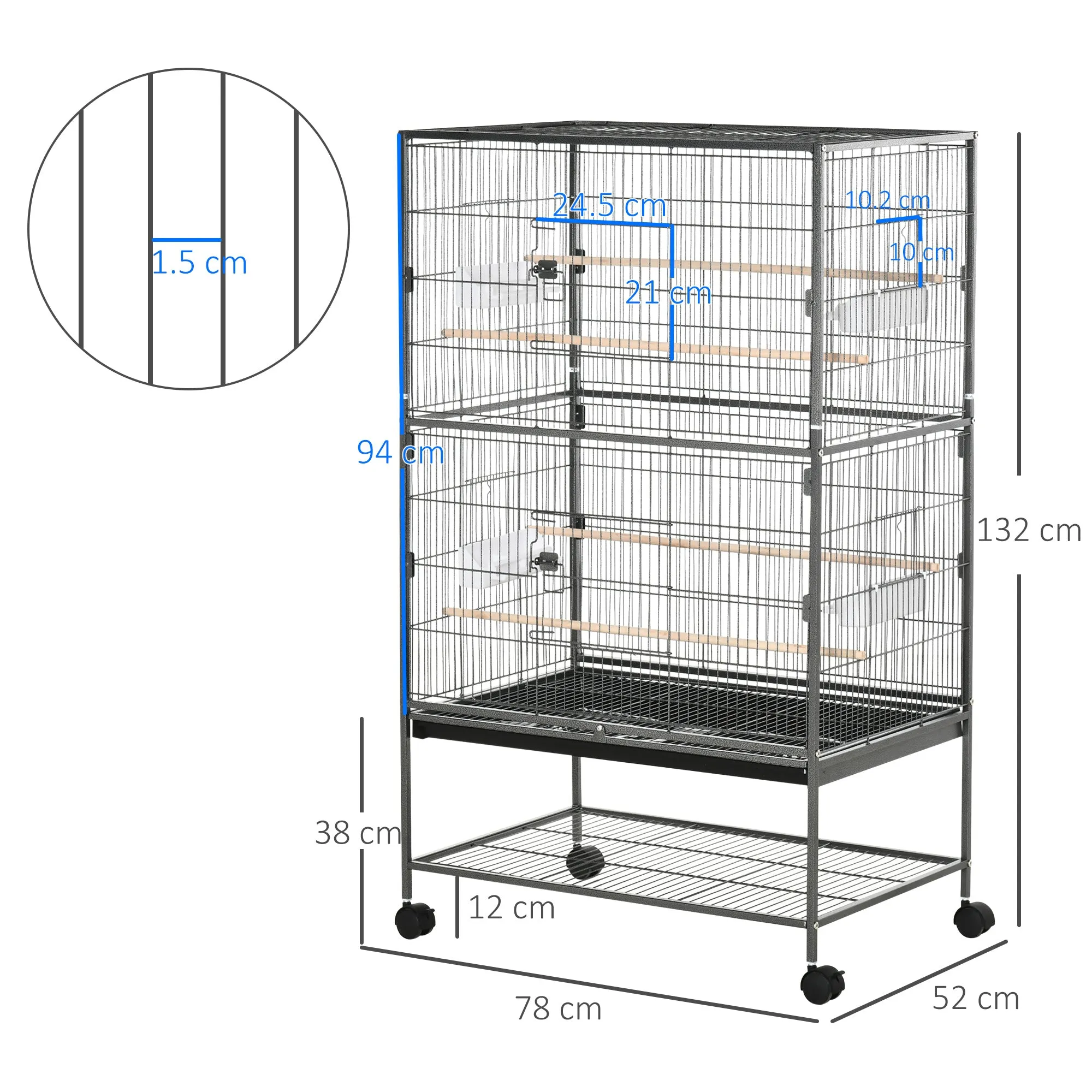 Large Bird Cage Budgie Cage for Finch Canaries Parakeet with Rolling Stand, Slide-out Tray, Storage Shelf, Food Containers, Grey