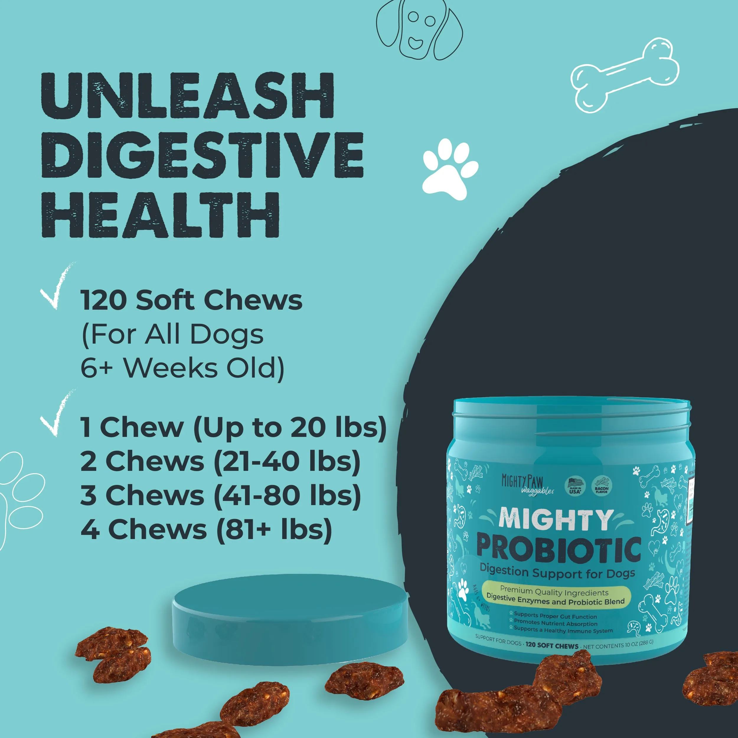 Mighty Paw Probiotic Chews for Dogs - Bacon-Flavored Digestion Support Supplement