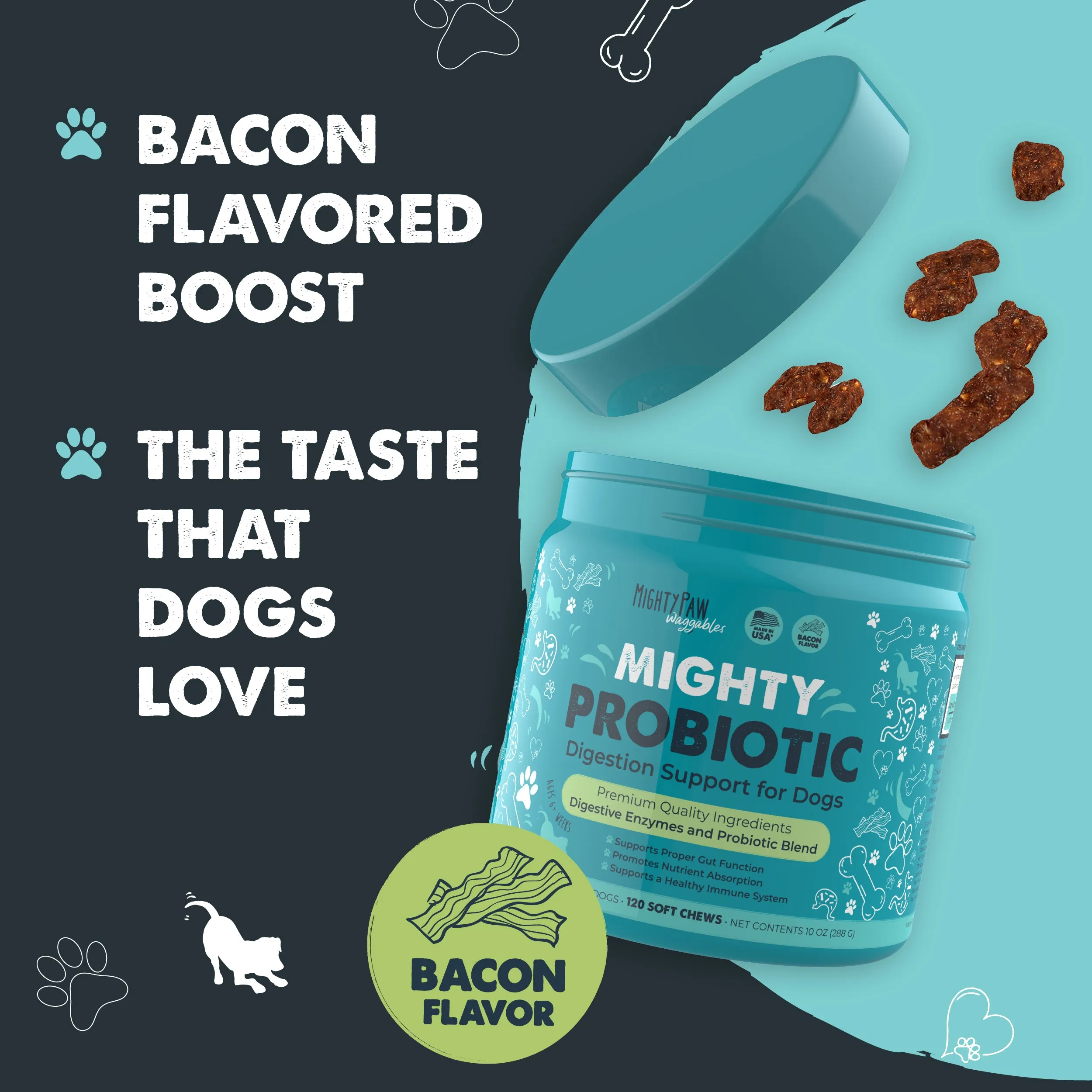 Mighty Paw Probiotic Chews for Dogs - Bacon-Flavored Digestion Support Supplement